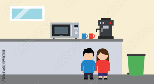 A flat illustration of a couple standing in front of an office break room area