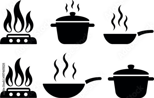 Vector set of six black icons showing cooking pots and pans on gas stoves with steam including frying pan, saucepan, and boiling pot for food and cooking graphics