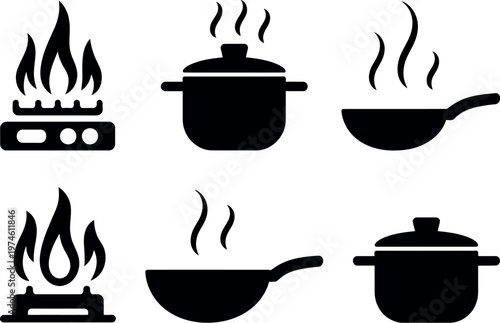 Six black cooking pot and pan icons on gas stoves with steam including frying pan, saucepan, and boiling pot symbols vector illustration for kitchen and culinary design