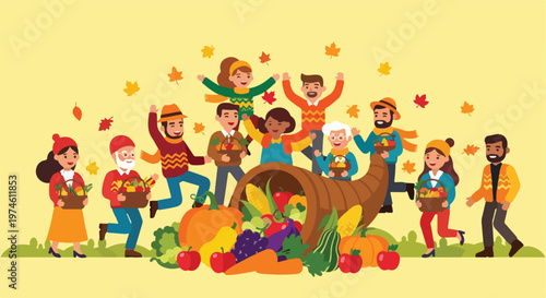 Happy diverse group celebrating autumn with a large overflowing cornucopia of food