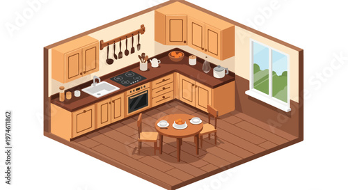 An isometric view of a cozy, fully furnished wooden kitchen with a dining table
