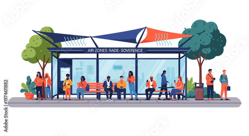 People waiting at a modern bus stop shelter.