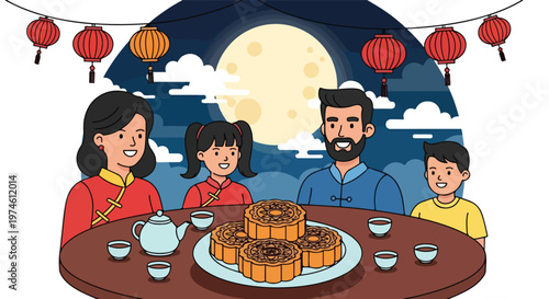 A happy family dining on mooncakes under a full moon with hanging red lanterns