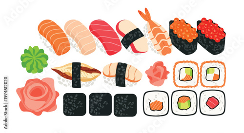 An illustration showing various pieces of sushi, nigiri, and maki with condiments