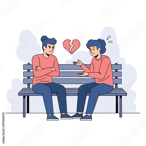 Two people sitting on a park bench experiencing a difficult relationship breakup