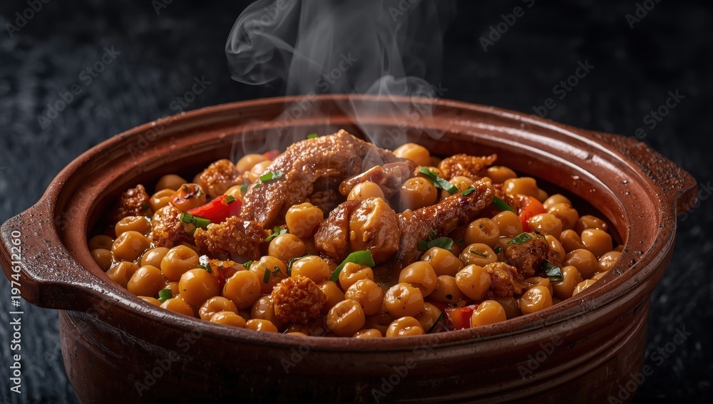 Fototapeta premium Close-up of ropa vieja, a traditional Canarian chickpea stew in an earthenware pot on a dark background.