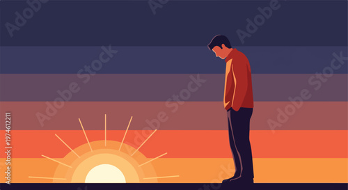 A lonely man stands looking down against a striped sunset gradient background