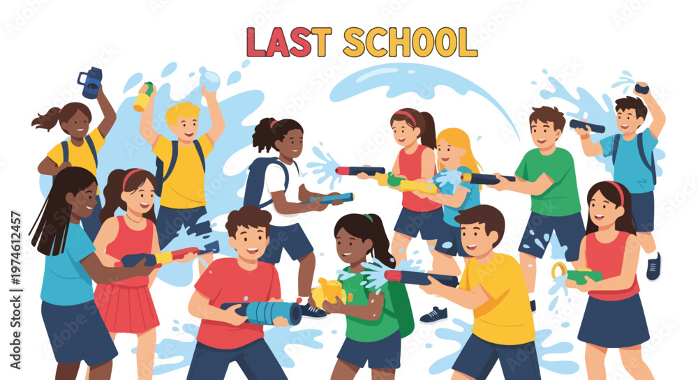 Fototapeta premium Diverse school children celebrating the last day of school with a water gun fight