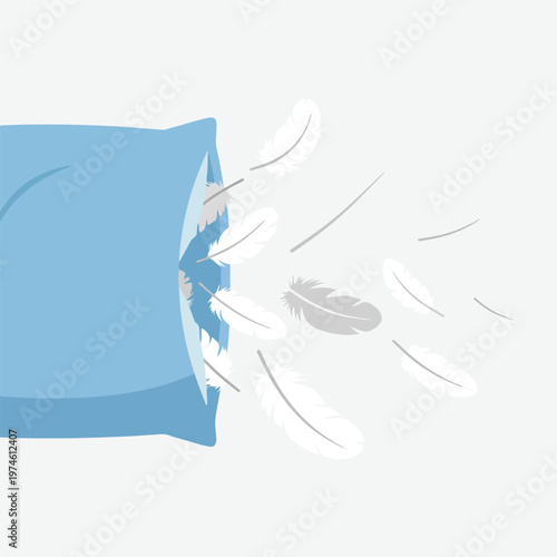 A blue pillow bursting open, scattering many white soft feathers in the air