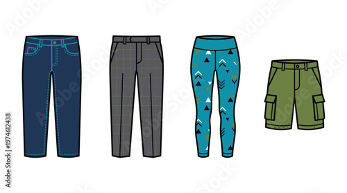 Colorful assortment of casual pants.