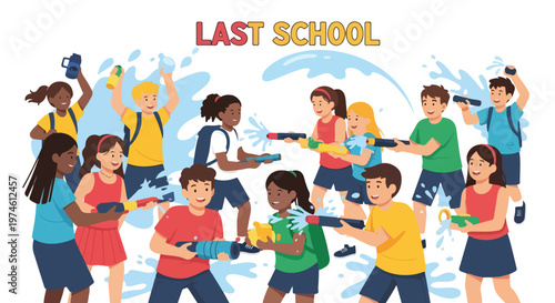 Diverse school children celebrating the last day of school with a water gun fight