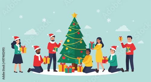 People wearing Santa hats exchanging gifts around a decorated Christmas tree