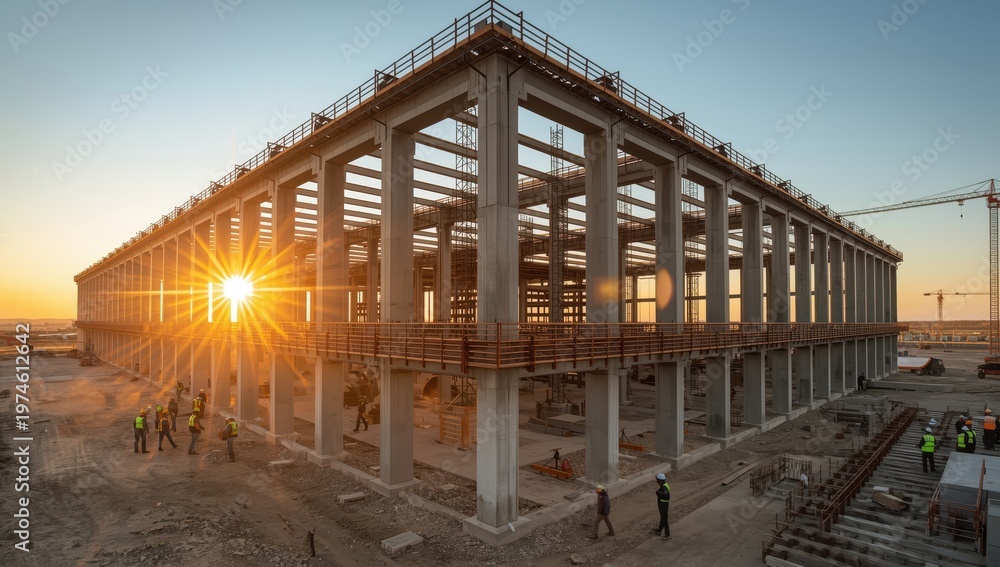 Obraz premium A new warehouse is being built on a spacious site featuring concrete columns, brick infill, scaffolding, and steel beams, outlining areas for a future logistics center.