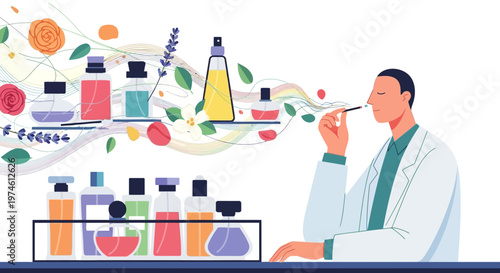 Perfumer smelling scent from bottles in laboratory.