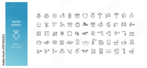 Water supply line icons set, sanitary equipment, bathroom and kitchen fixtures outline collection