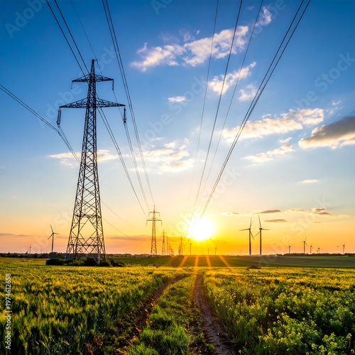 A scenic photo of towering pylons and electrical wires against a brilliant sunset over a field