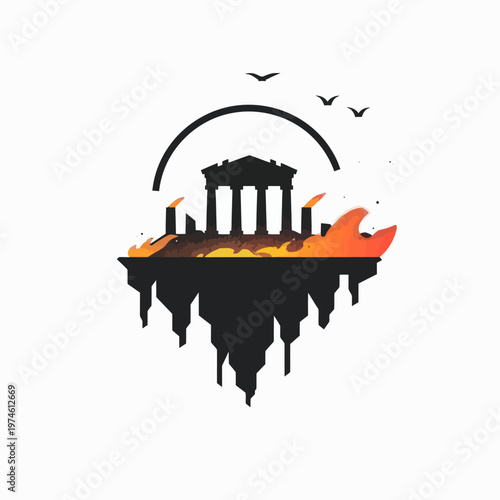 Ominous floating island with ancient temple silhouette engulfed in flames, dark fantasy graphic vector illustration of destruction and decay.