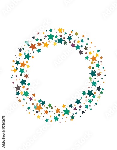 A ring of colorful, scattered star shapes encircles a blank white space, creating a playful and festive design