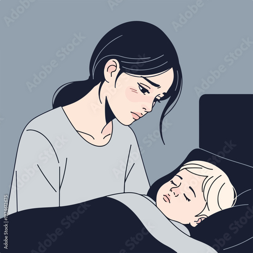 A tired mother watching over her young child sleeping peacefully in a dark room