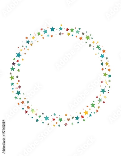 A ring of colorful, scattered stars surrounds empty space against a stark white background. The stars vary in size and hues