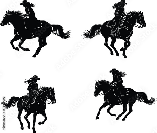 Cowgirl riding a galloping horse silhouette collection for western ranch life equestrian sports and wild west adventure