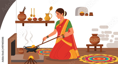An Indian woman in a sari cooking traditional food over a clay wood-fired stove