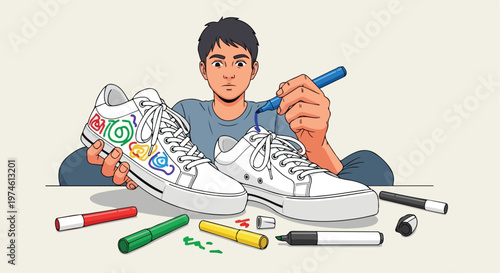 A young person uses a blue marker to decorate white sneakers with colorful art