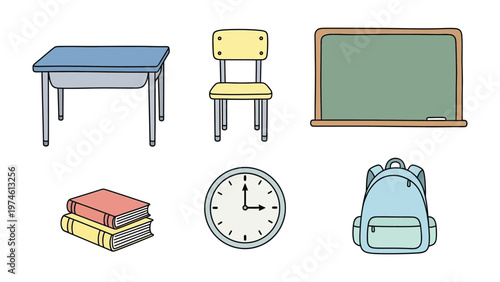 School Essentials Icon Set: A neatly arranged collection of school icons, featuring a desk, chair, chalkboard, books, clock, and backpack. perfect for educational material or design projects.