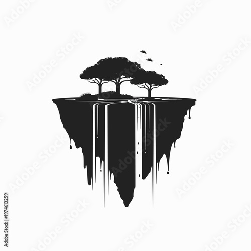 Minimalist Black and White Floating Island with Lush Trees and Cascading Water, Abstract Nature Vector Illustration