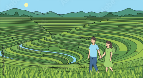 A couple walks hand in hand through vibrant green terraced rice fields in Asia