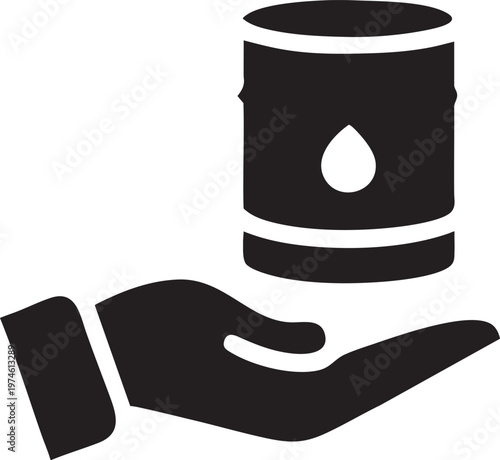 Hand Holding Oil Barrel with Drop Symbol Energy Industry Support Concept Minimalist Icon Style