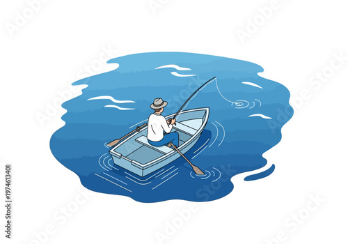 Man fishing on a boat in the middle of a serene lake with trees