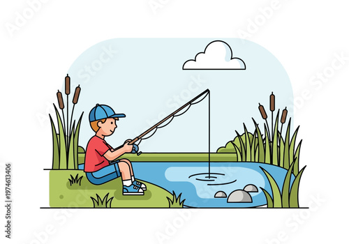A boy fishing on the lake shore with a rod and fish swimming.