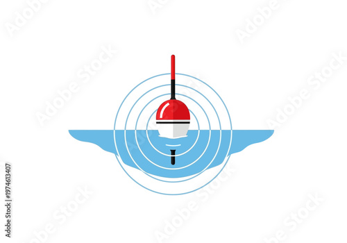 A red fishing bobber floats on rippling water with concentric circles.