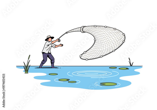 Man fishing with net in pond with lily pads and cattails nearby