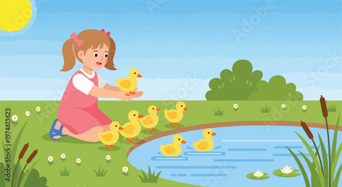 A young girl in a pink dress plays with a group of yellow ducklings by a pond (1)