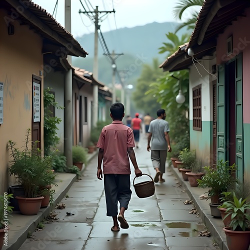 Man Walking Down a Narrow Street in a Village