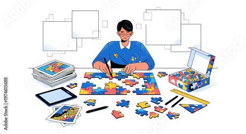 Person concentrating on assembling a colorful jigsaw puzzle.