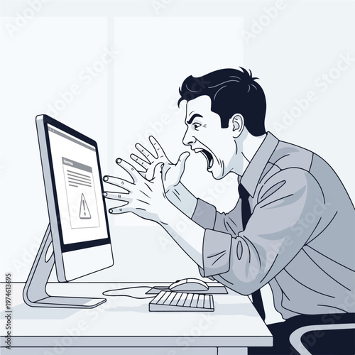 An angry man in an office yelling at his computer screen in extreme frustration
