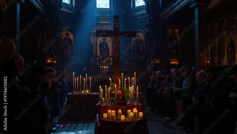 Naklejka premium Panakhida, a funeral service in Orthodoxy, involves lighting candles before the cross and praying for the deceased, reflecting the essence of Orthodox belief.