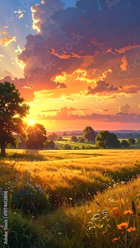 A serene landscape with a tree on the left and a sunset
