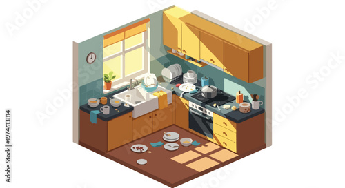 An isometric view of a messy, cluttered kitchen with dirty dishes and stove top