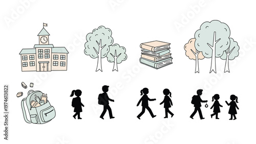 School Silhouette Set: A charming set of simple illustrations of school related elements: students, building, tree, books, and bag. 