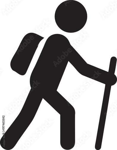 Hiker Silhouette with Backpack and Pole Walking on Trail Minimalist Iconography Graphic Design