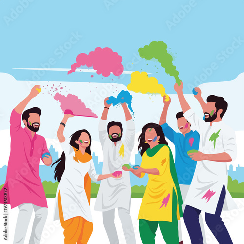 Joyful group of people celebrating with colorful powder clouds outdoors together