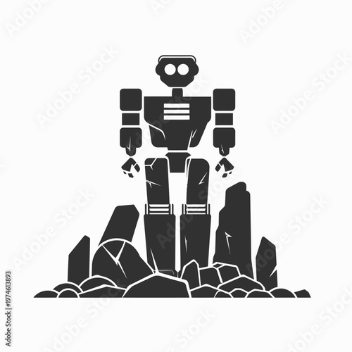 Monochromatic retro robot standing on rocky terrain. AI, automation, science fiction technology concept illustration.