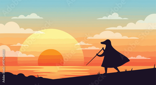 A hooded figure walking with a staff toward a bright sunset over the ocean