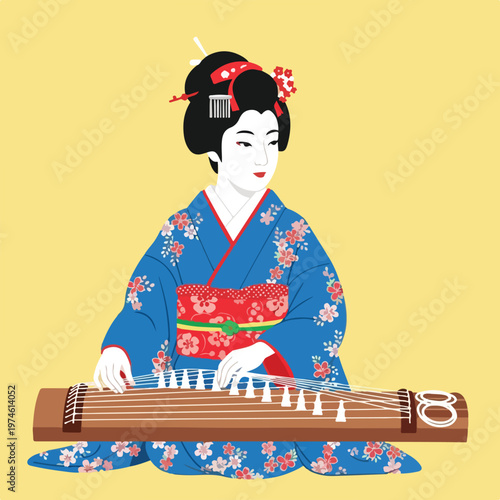 A geisha in a blue floral kimono playing a traditional stringed instrument
