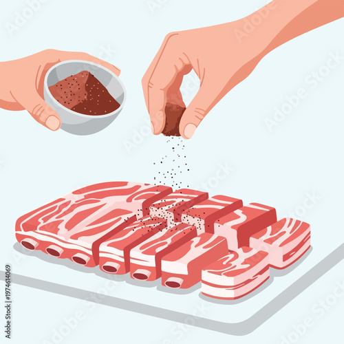 Hands seasoning slices of raw pork belly with spices from a bowl on a board