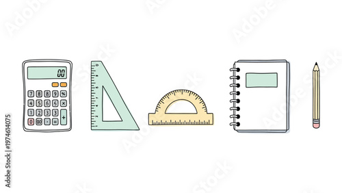 Essential Study Supplies: A collection of meticulously arranged study tools, essential for academic pursuits, including a calculator, ruler, protractor, notepad, and pencil.